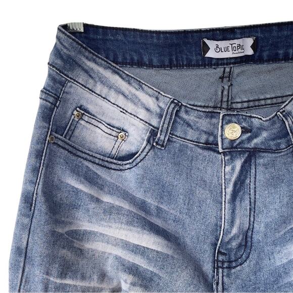 Blue Topic Rhinestone Studded Patch Distressed Denim Jeans Y2K Style - Size 9/10 - Picture 4 of 16